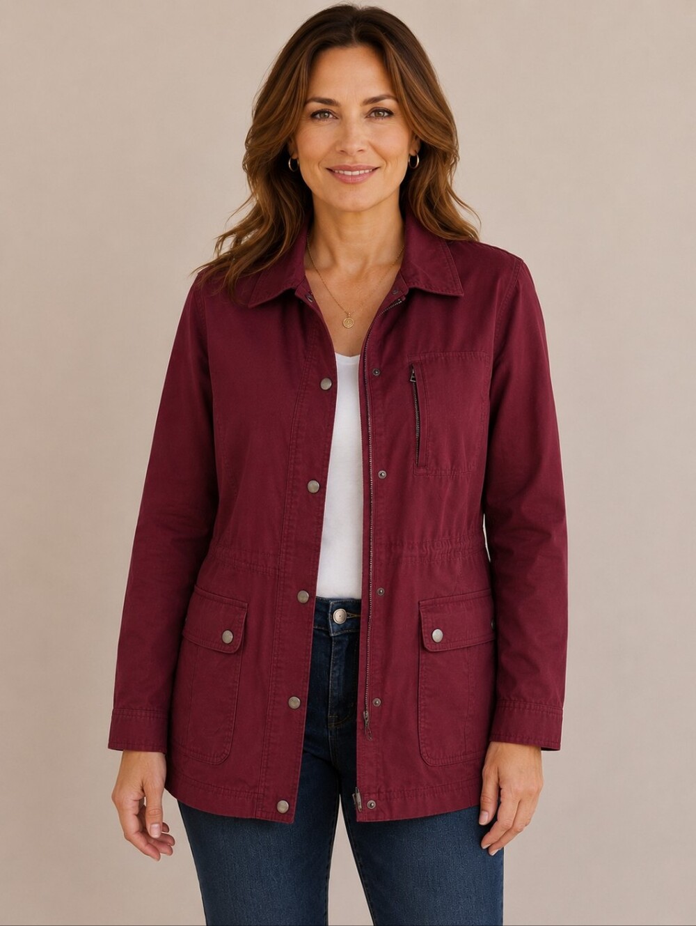 Talbots Safari Utility Jacket Burgundy Cotton Twill Drawstring Field Jacket M